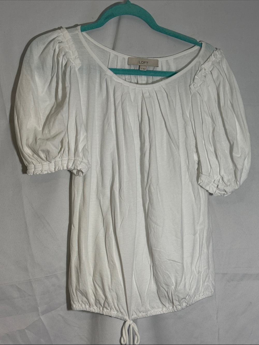LOFT White Puff Sleeve Drawstring Hem Blouse
